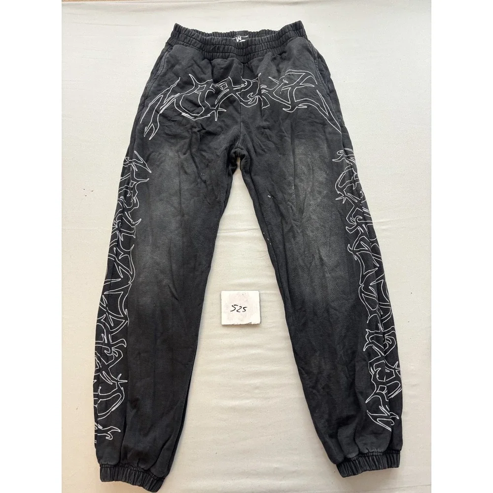 WRONG Mens Washed Black Tribal Graphic Jogger Sweatpants Streetwear Activewear M